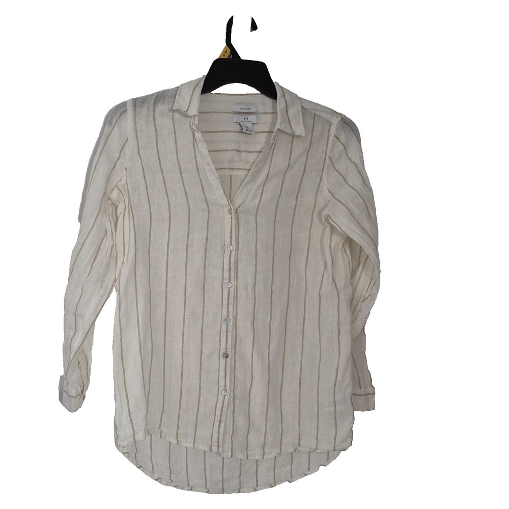 Halston Blouse Womens S Ivory/Brown Striped 100% Linen Long Sleeve‎ V-Neck